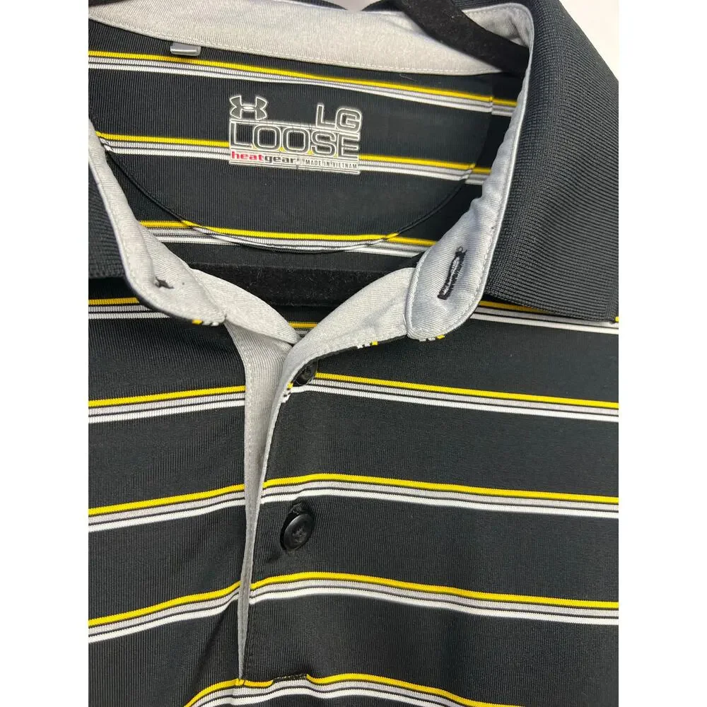Under Armour HeatGear Golf Polo Black Yellow Stripe Tree Logo Custom Logo Large - Picture 4 of 12